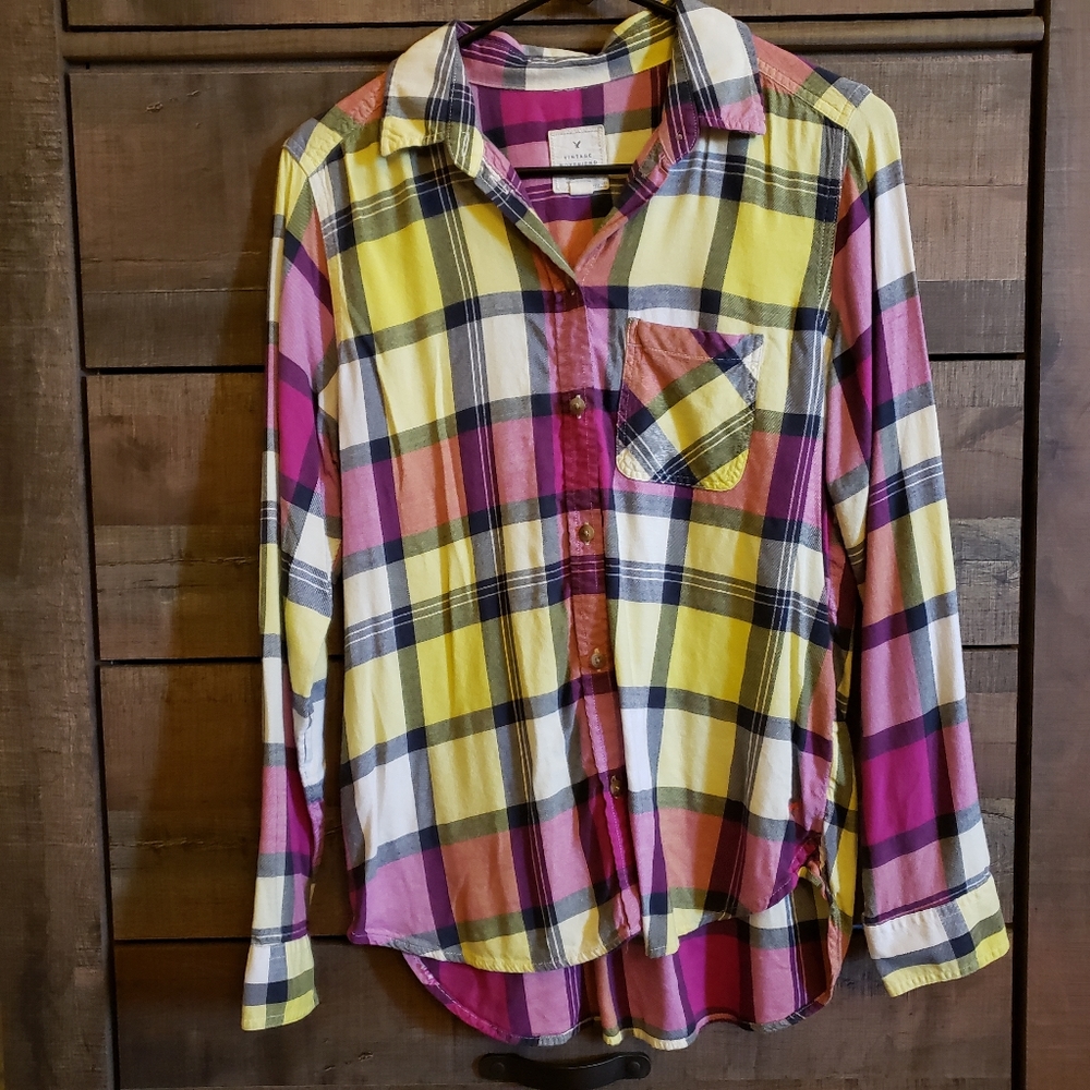 Fuchsia & Yellow Plaid Button Up Size M